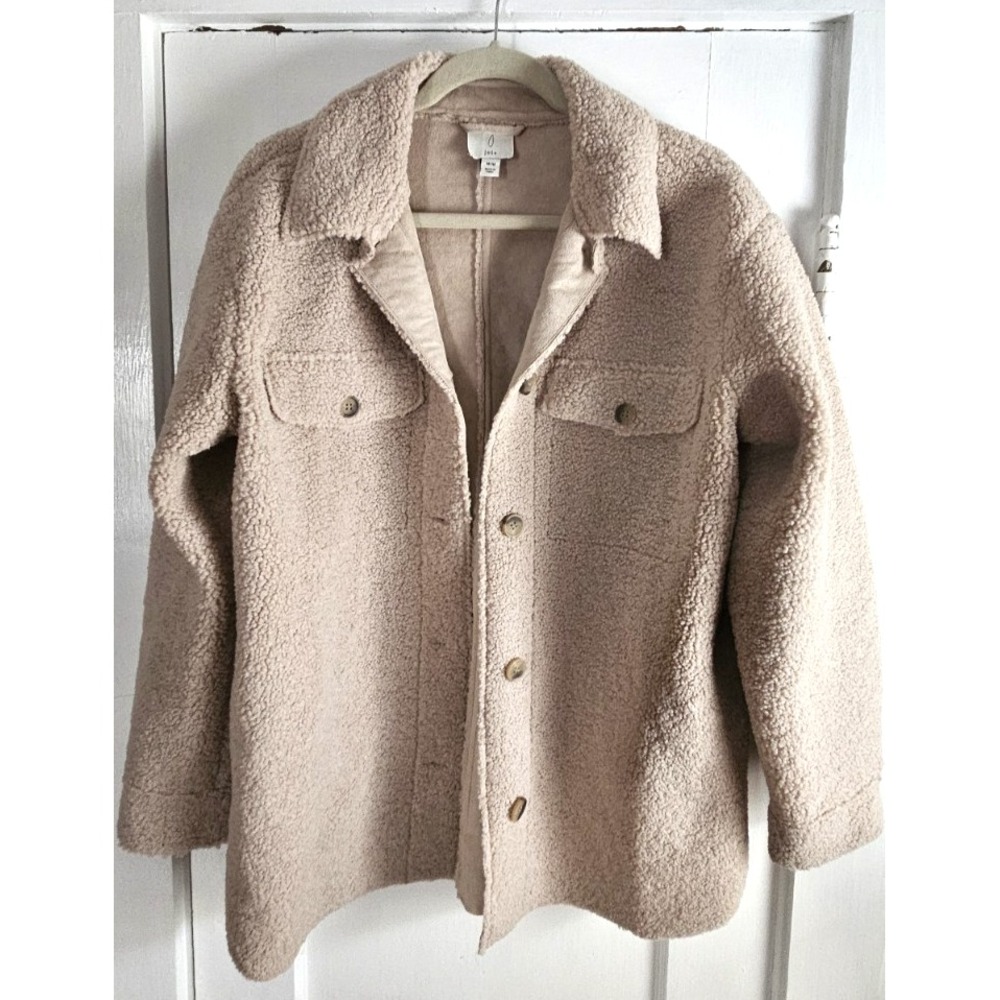 joie Teddy Sherpa oversized button up‎ shacket pale beige faux suede lined Sz M